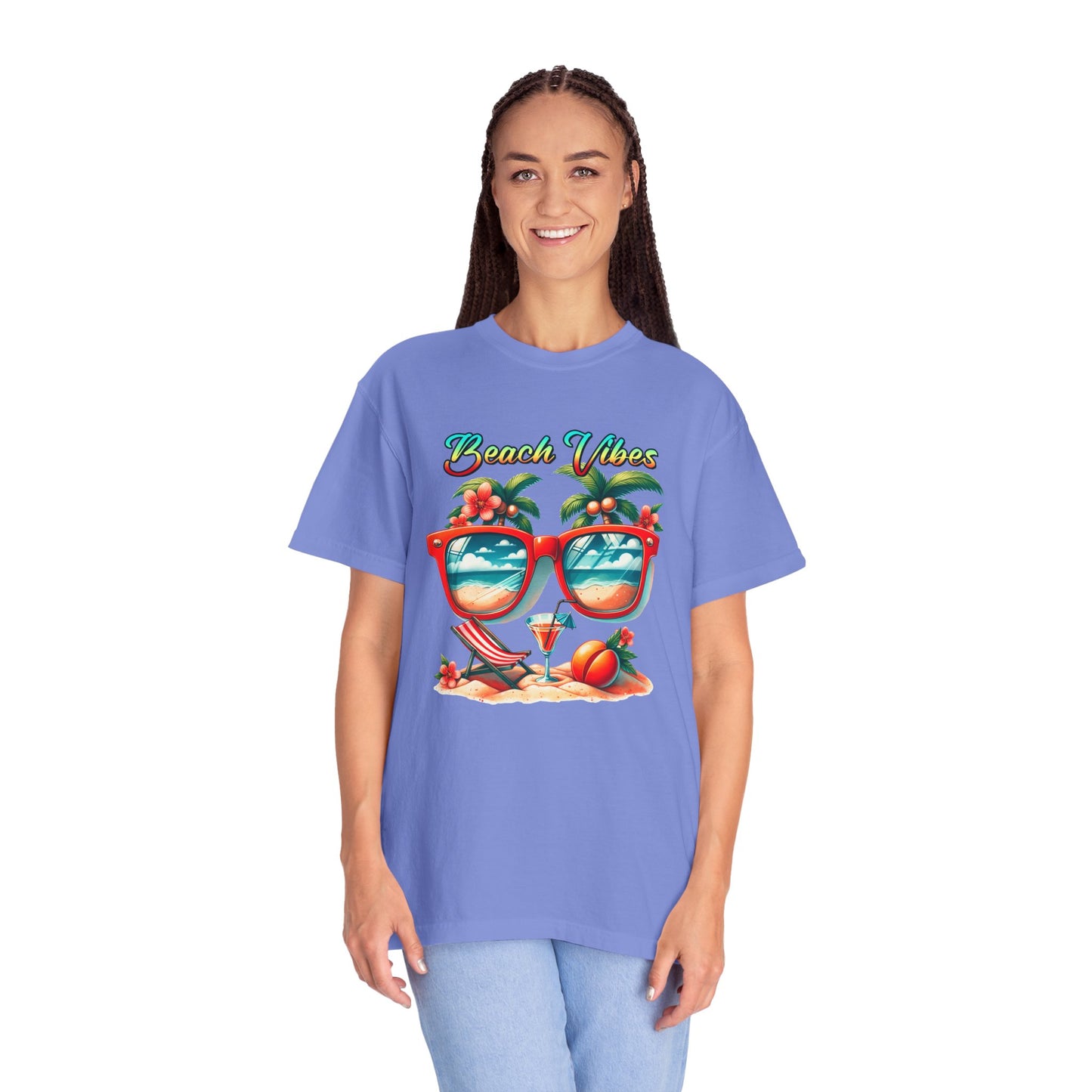 Beach Vibes Graphic Tee – Retro Sunglasses, Palm Trees & Sunset Summer Shirt