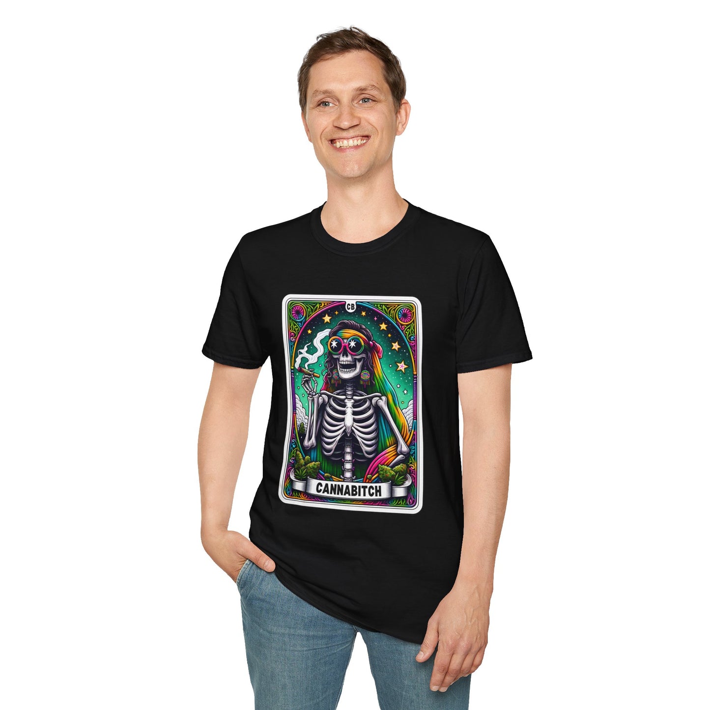 Psychedelic “Cannabitch” Tarot Skeleton T‑Shirt – Trippy Rainbow Weed Art for Stoner Queens