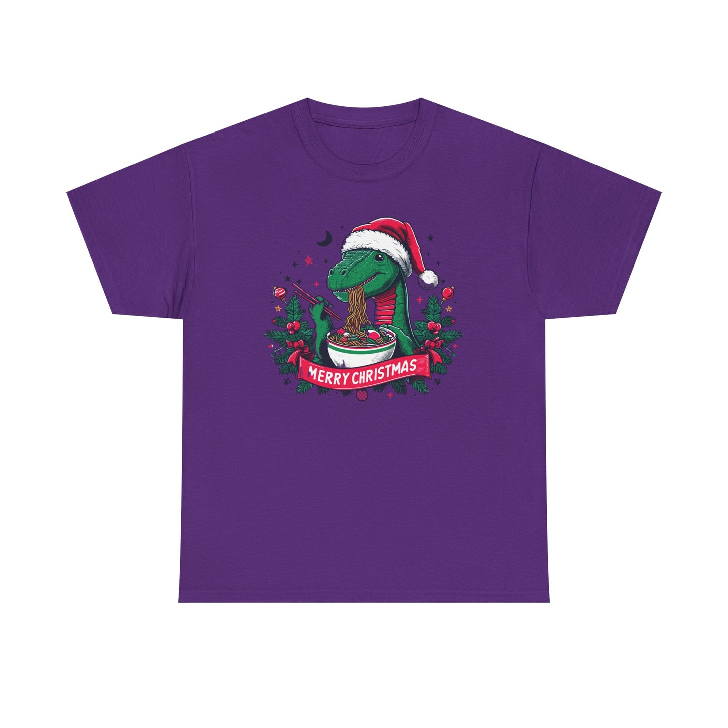 Festive Dinosaur Enjoying Ramen: A Merry Christmas Greetings Unisex Tee