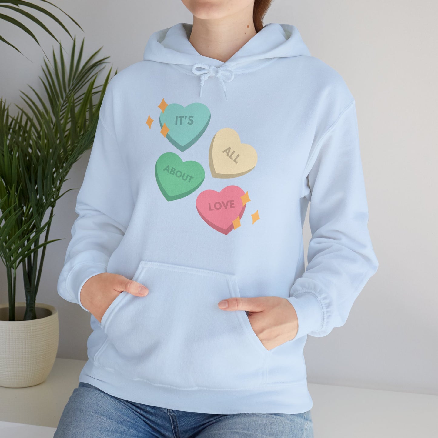 It's All About Love" Pastel Heart Hoodie | Retro Candy Style Sweatshirt | Aesthetic Love Graphic Pullover  Description: