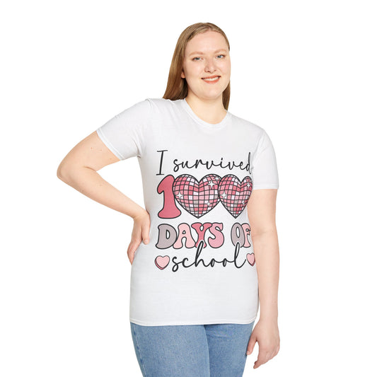 I Survived 100 Days of School Shirt | Funny Retro Disco Heart Tee | Pink 100th Day Teacher Gift | Humorous Student Outfit
