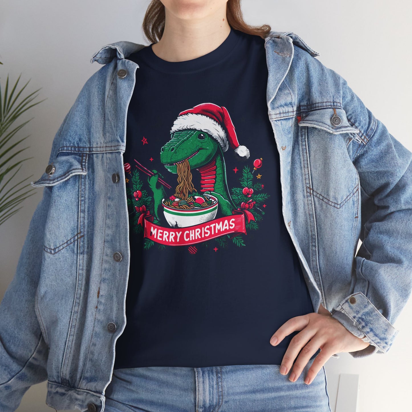 Festive Dinosaur Enjoying Ramen: A Merry Christmas Greetings Unisex Tee