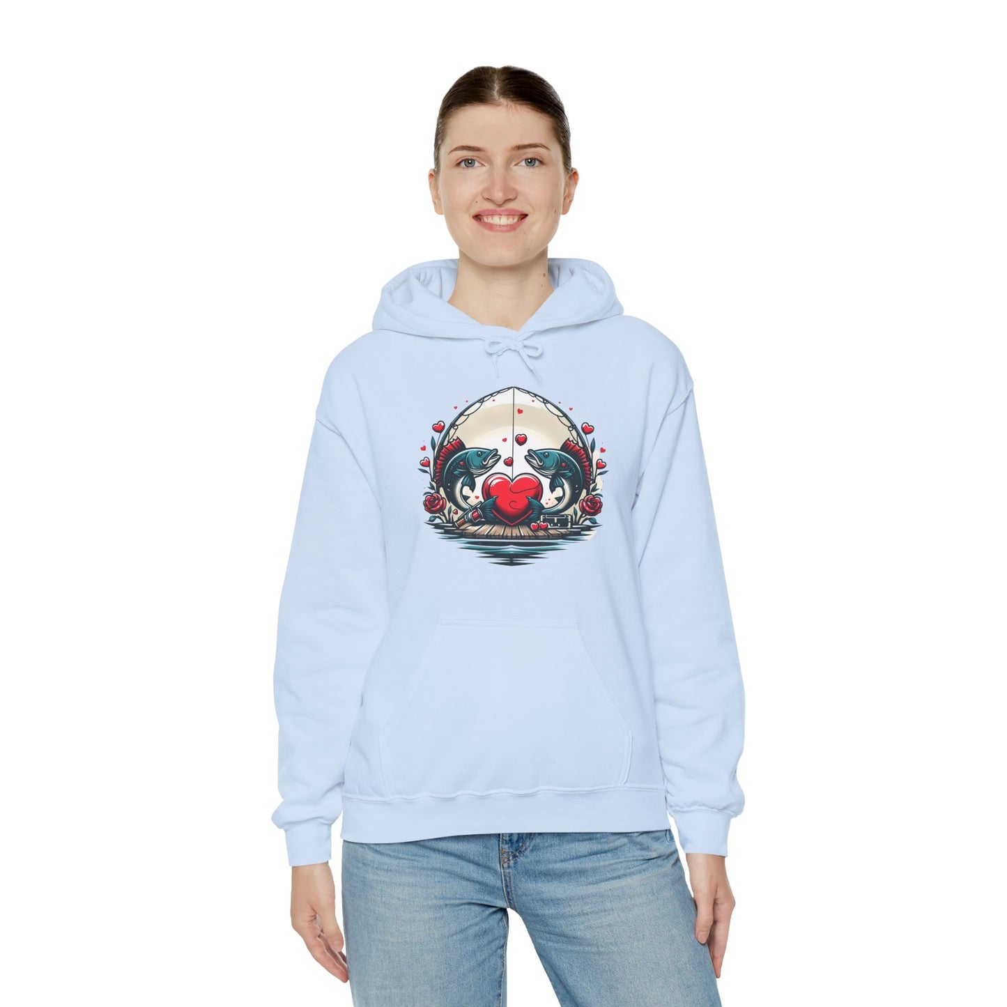 Unique Fish Love Heart Hoodie Unisex Fishing Themed Sweatshirt Graphic Hoodie With Rose Detail Romantic Angler Gift