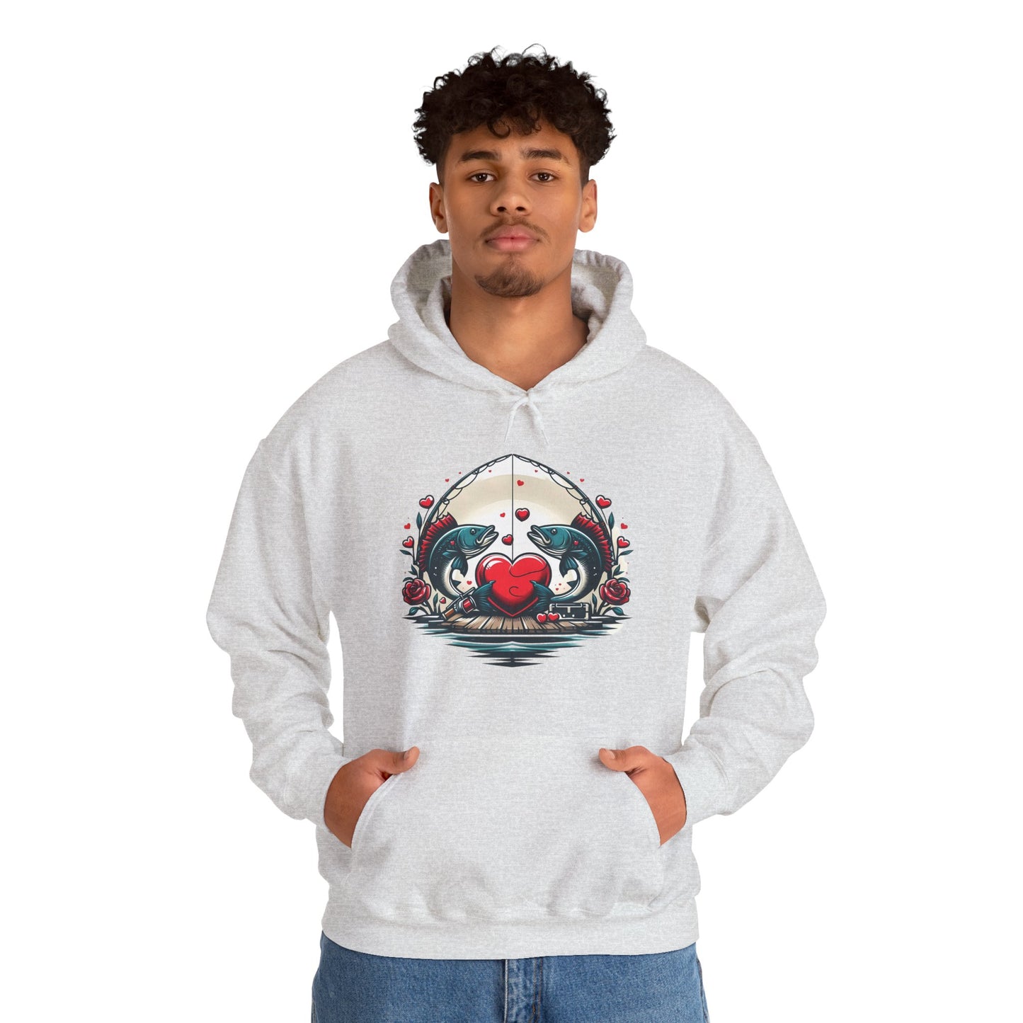 Unique Fish Love Heart Hoodie Unisex Fishing Themed Sweatshirt Graphic Hoodie With Rose Detail Romantic Angler Gift