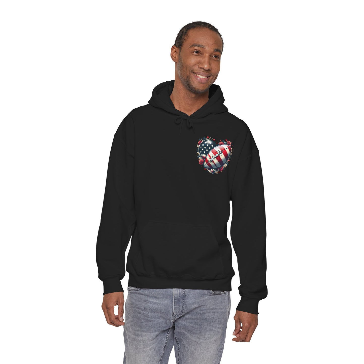 Touchdown Soul: Patriotic American Flag Football Heart Hoodie