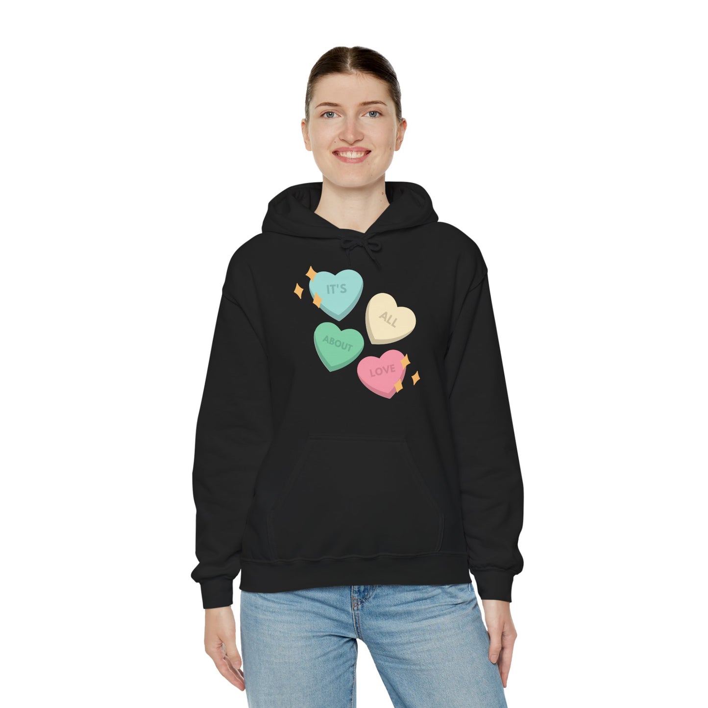 It's All About Love" Pastel Heart Hoodie | Retro Candy Style Sweatshirt | Aesthetic Love Graphic Pullover  Description: