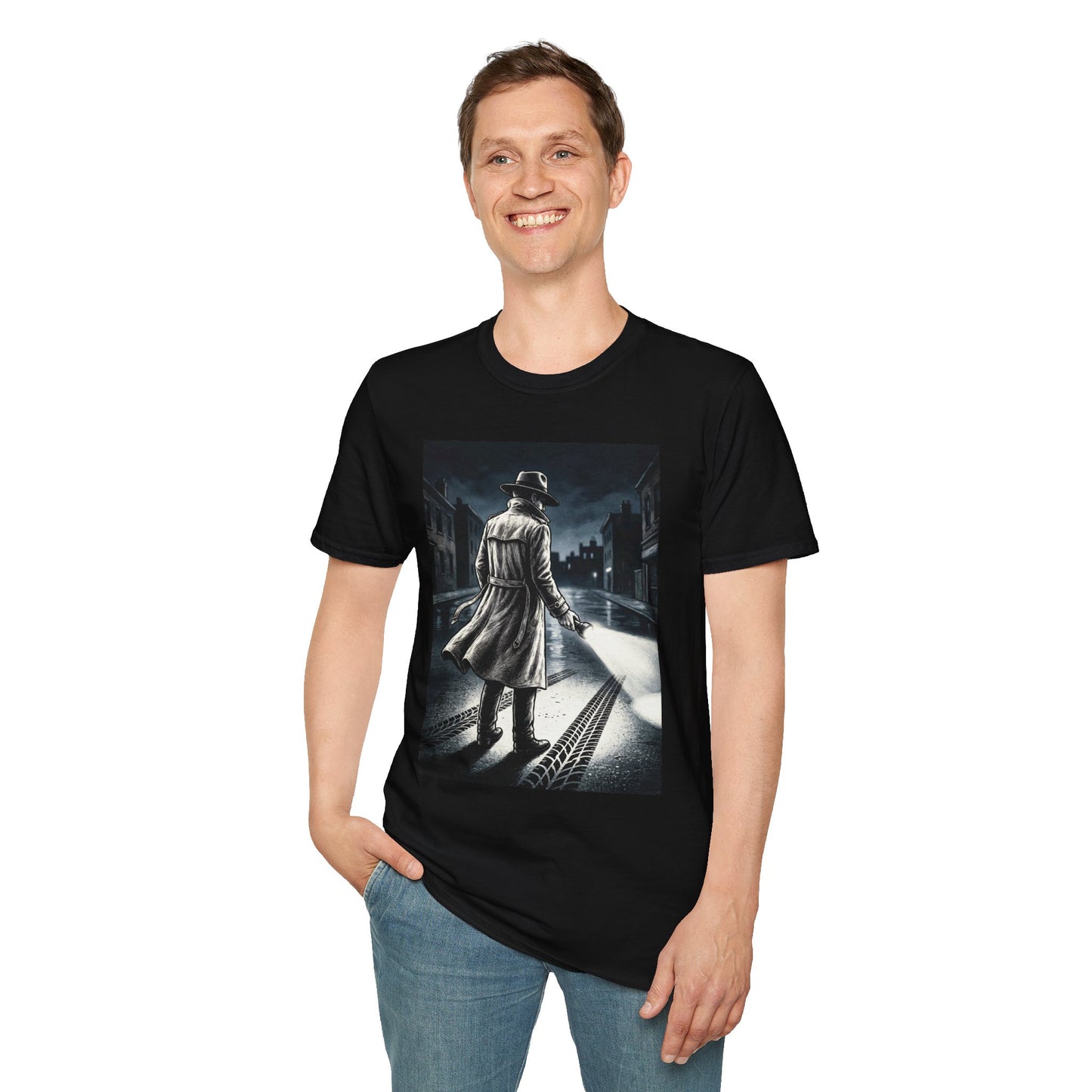 Shadow Streets Noir Detective T-Shirt | Vintage Mystery Trench Coat Art