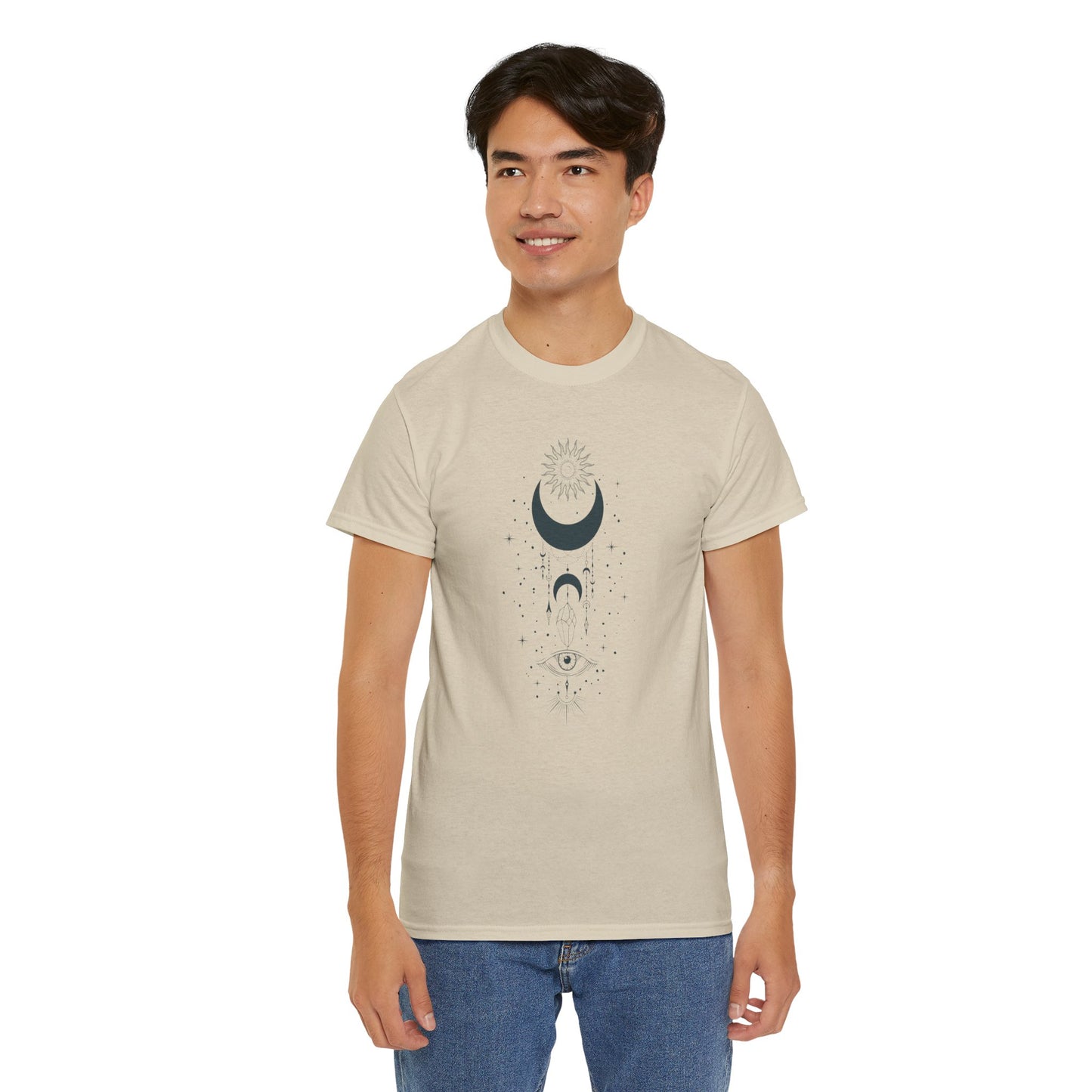 Celestial Moon & Sun Shirt | Boho Mystical Line Art Tee | Spiritual Astrology Gift | Heavy Cotton Unisex Top | Witchy Yoga T-Shirt