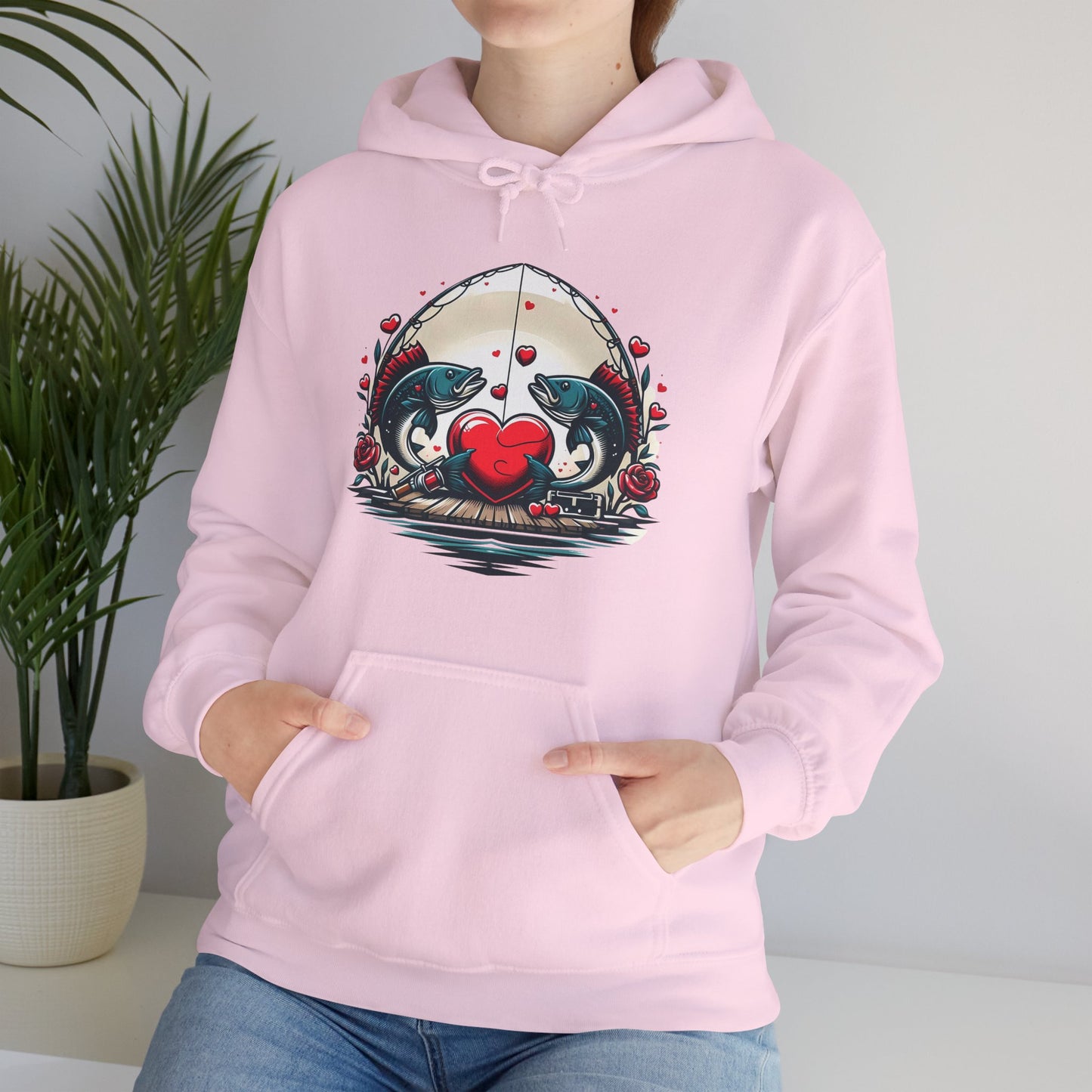 Unique Fish Love Heart Hoodie Unisex Fishing Themed Sweatshirt Graphic Hoodie With Rose Detail Romantic Angler Gift