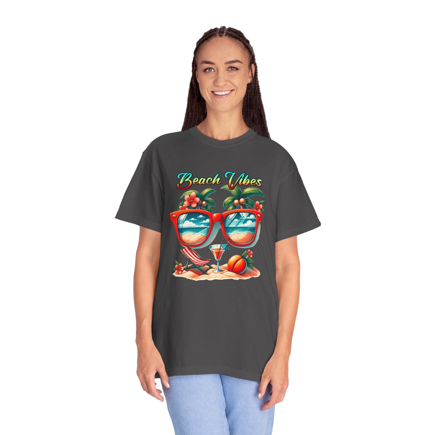 Beach Vibes Graphic Tee – Retro Sunglasses, Palm Trees & Sunset Summer Shirt