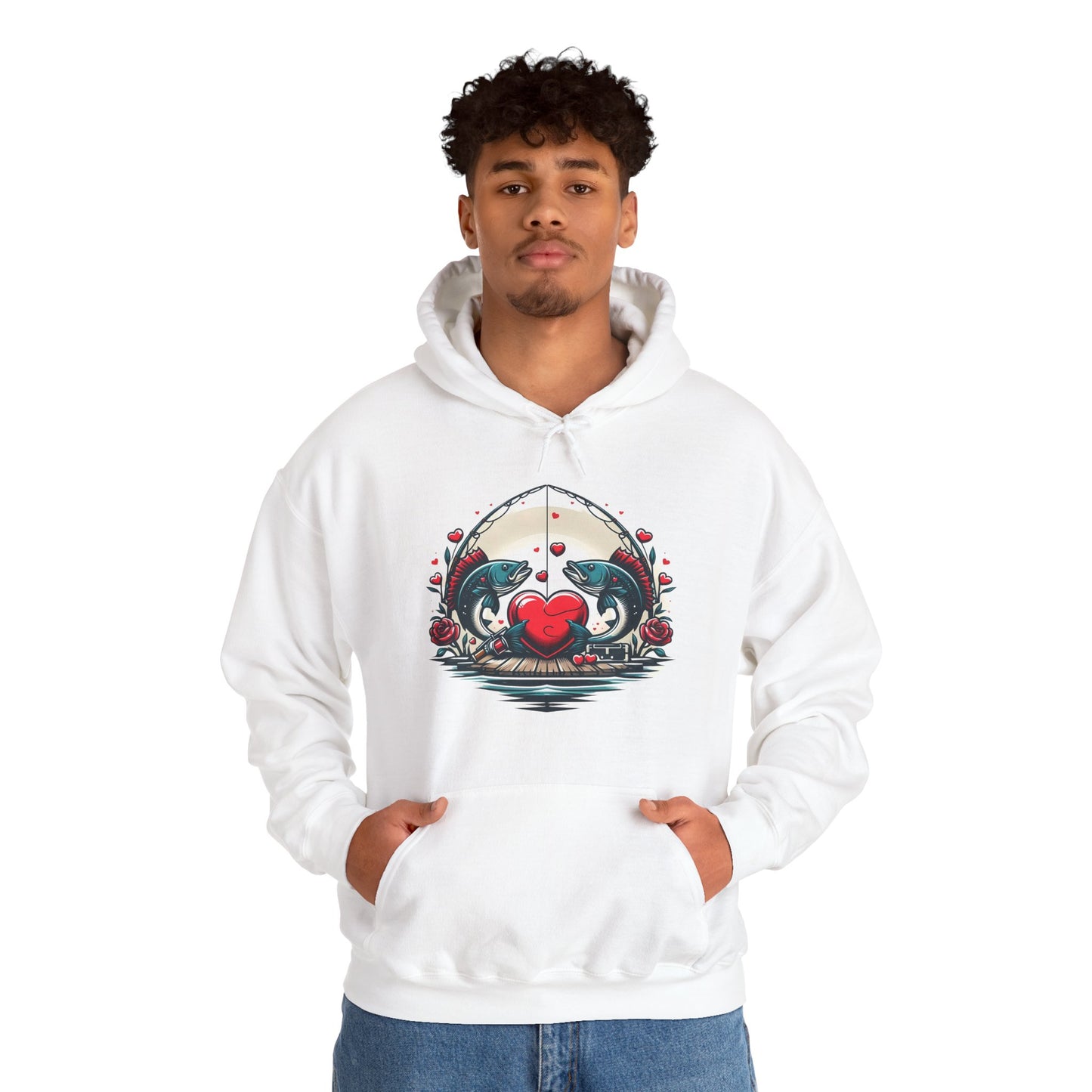 Unique Fish Love Heart Hoodie Unisex Fishing Themed Sweatshirt Graphic Hoodie With Rose Detail Romantic Angler Gift