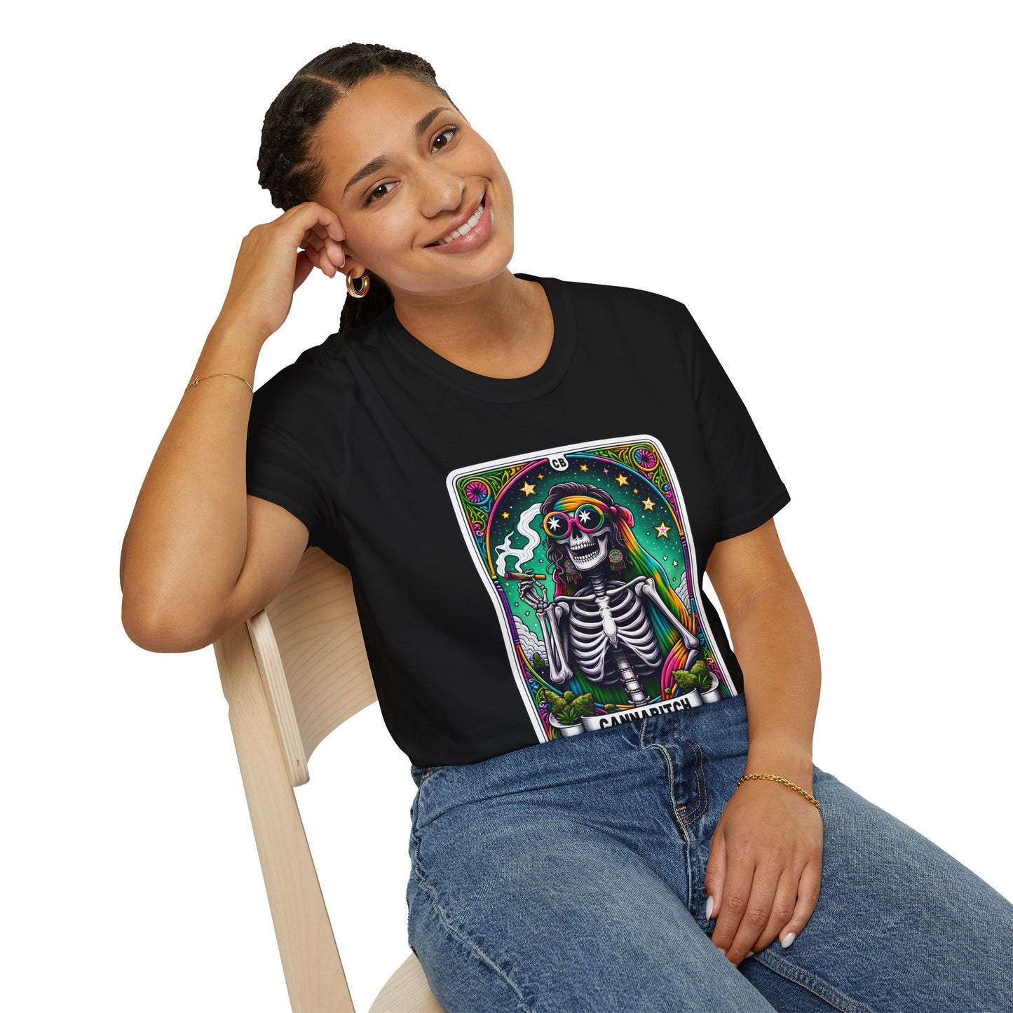 Psychedelic “Cannabitch” Tarot Skeleton T‑Shirt – Trippy Rainbow Weed Art for Stoner Queens