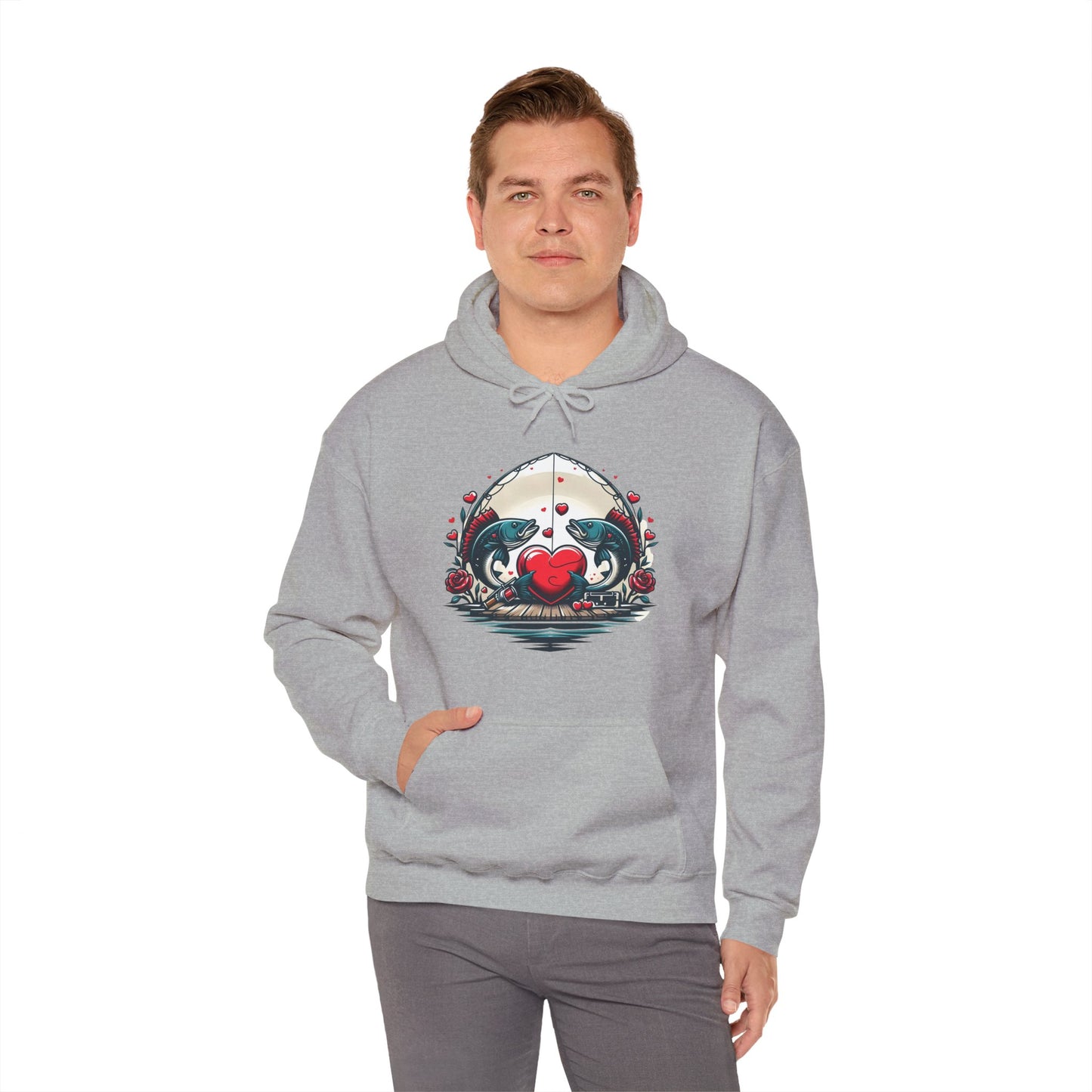 Unique Fish Love Heart Hoodie Unisex Fishing Themed Sweatshirt Graphic Hoodie With Rose Detail Romantic Angler Gift