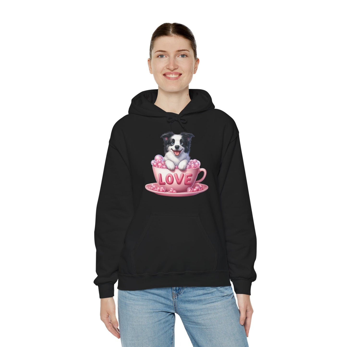 Viral Puppy Love Border Collie Hoodie - Cute Dog in Pink Cup Graphic Unisex Sweatshirt - Adorable Gift for Border Collie Lovers