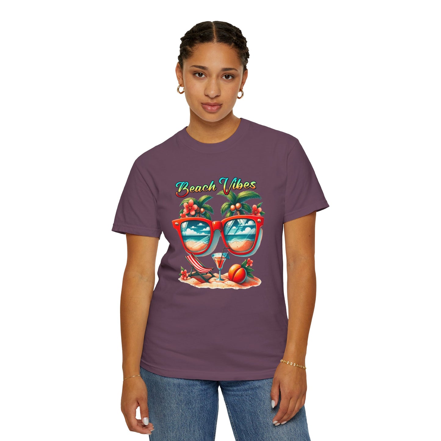 Beach Vibes Graphic Tee – Retro Sunglasses, Palm Trees & Sunset Summer Shirt