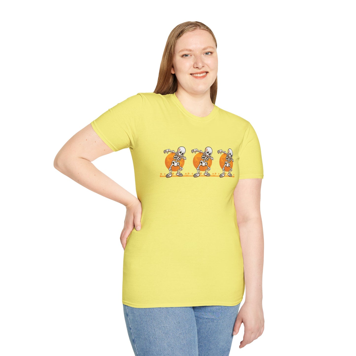 Moonlit Macabre: Dancing Skeleton Halloween T-Shirt – Spooky Unisex Softstyle T-Shirt