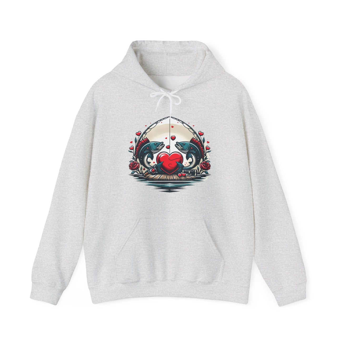 Unique Fish Love Heart Hoodie Unisex Fishing Themed Sweatshirt Graphic Hoodie With Rose Detail Romantic Angler Gift