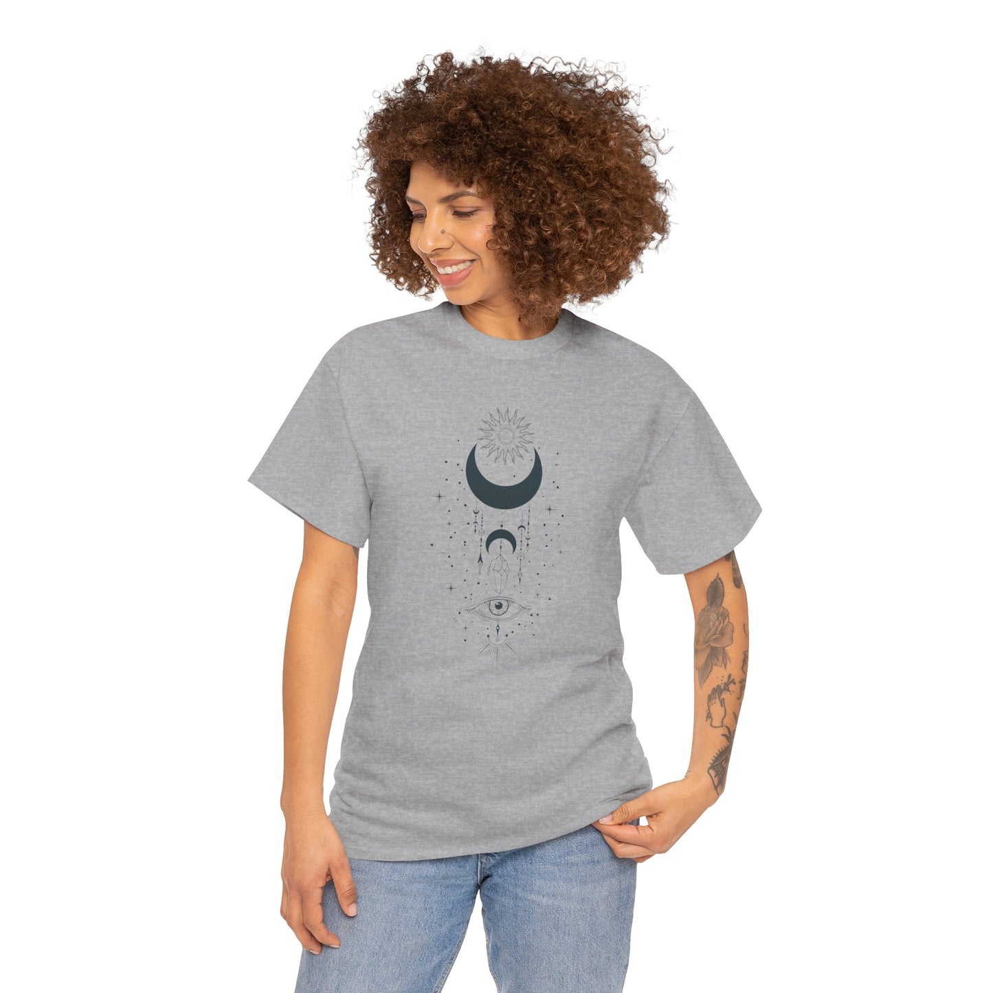 Celestial Moon & Sun Shirt | Boho Mystical Line Art Tee | Spiritual Astrology Gift | Heavy Cotton Unisex Top | Witchy Yoga T-Shirt