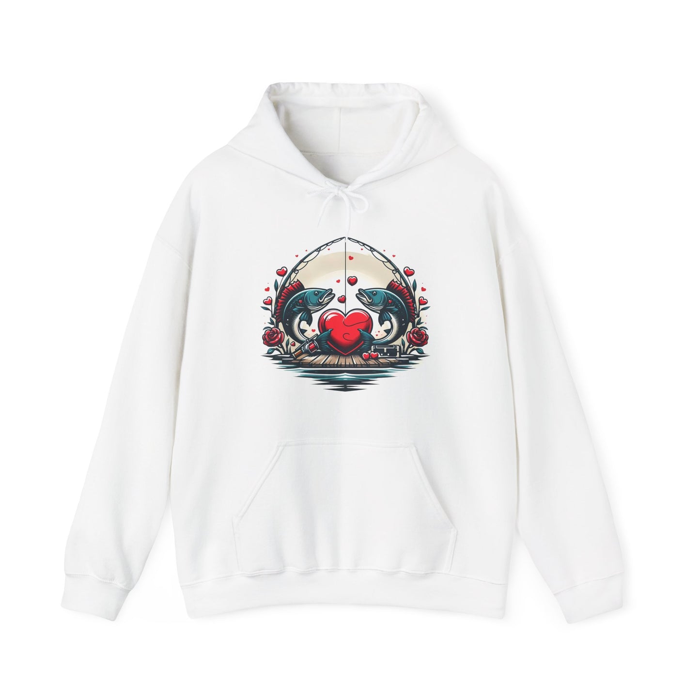 Unique Fish Love Heart Hoodie Unisex Fishing Themed Sweatshirt Graphic Hoodie With Rose Detail Romantic Angler Gift