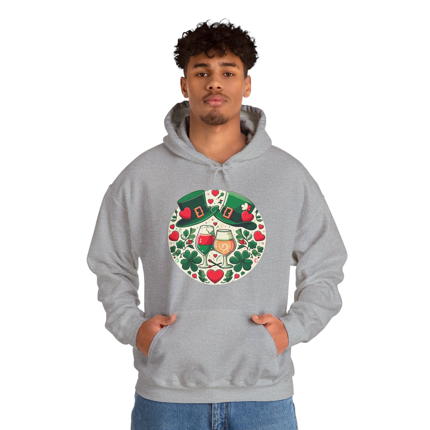 St. Patrick's Day Hoodie, Irish Celebration Beer Clover Heart Unisex Pullover