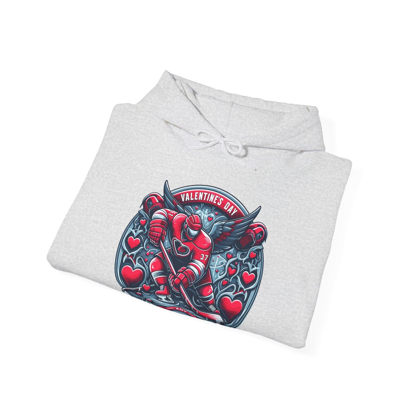 Valentines Day Hockey Hoodie, Romantic Sports Gift, Unisex Heart Hockey Graphic Pullover, Casual Comfortable Sporty Apparel