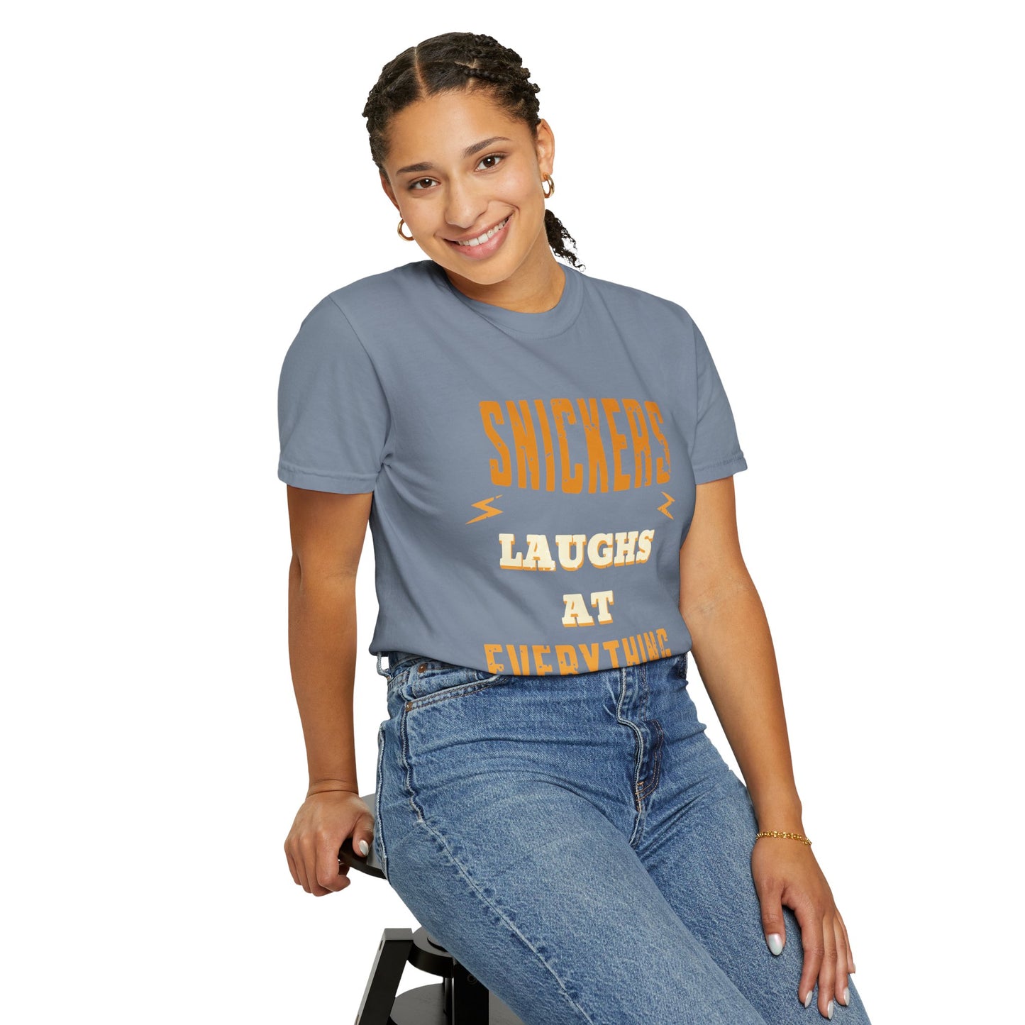 Cheerful 'Laughs at Everything' T-Shirt - coworker/friend Inspired Humorous Fun Shirt