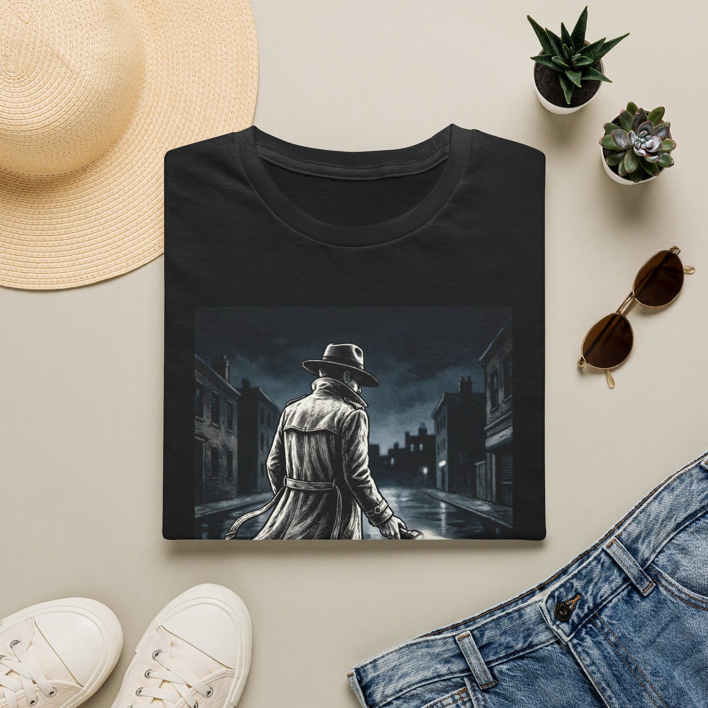 Shadow Streets Noir Detective T-Shirt | Vintage Mystery Trench Coat Art