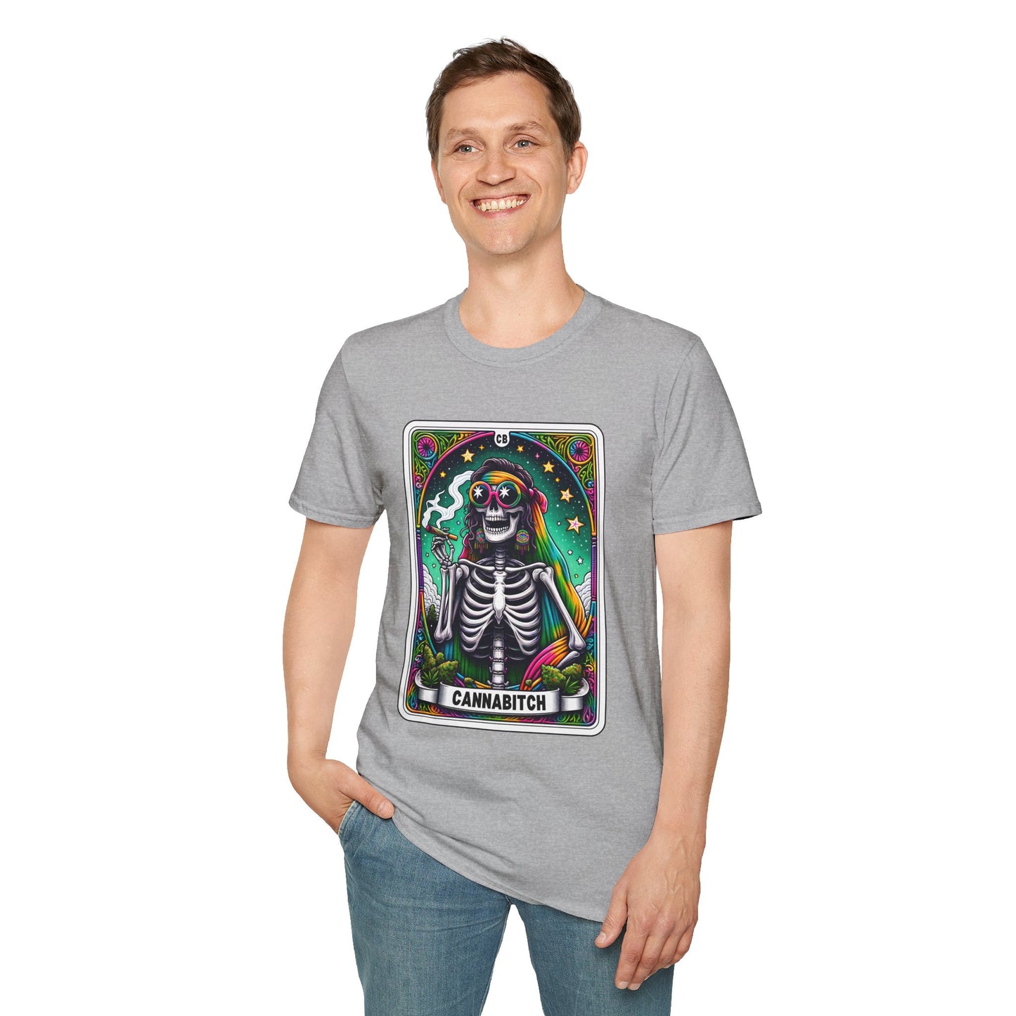 Psychedelic “Cannabitch” Tarot Skeleton T‑Shirt – Trippy Rainbow Weed Art for Stoner Queens
