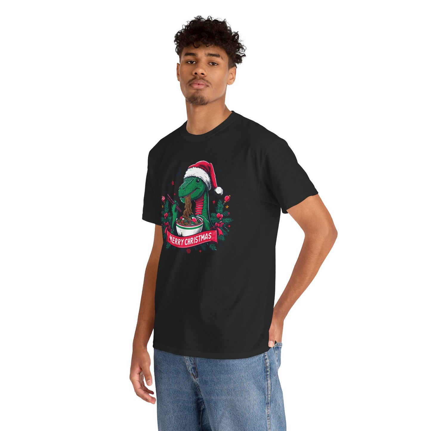 Festive Dinosaur Enjoying Ramen: A Merry Christmas Greetings Unisex Tee