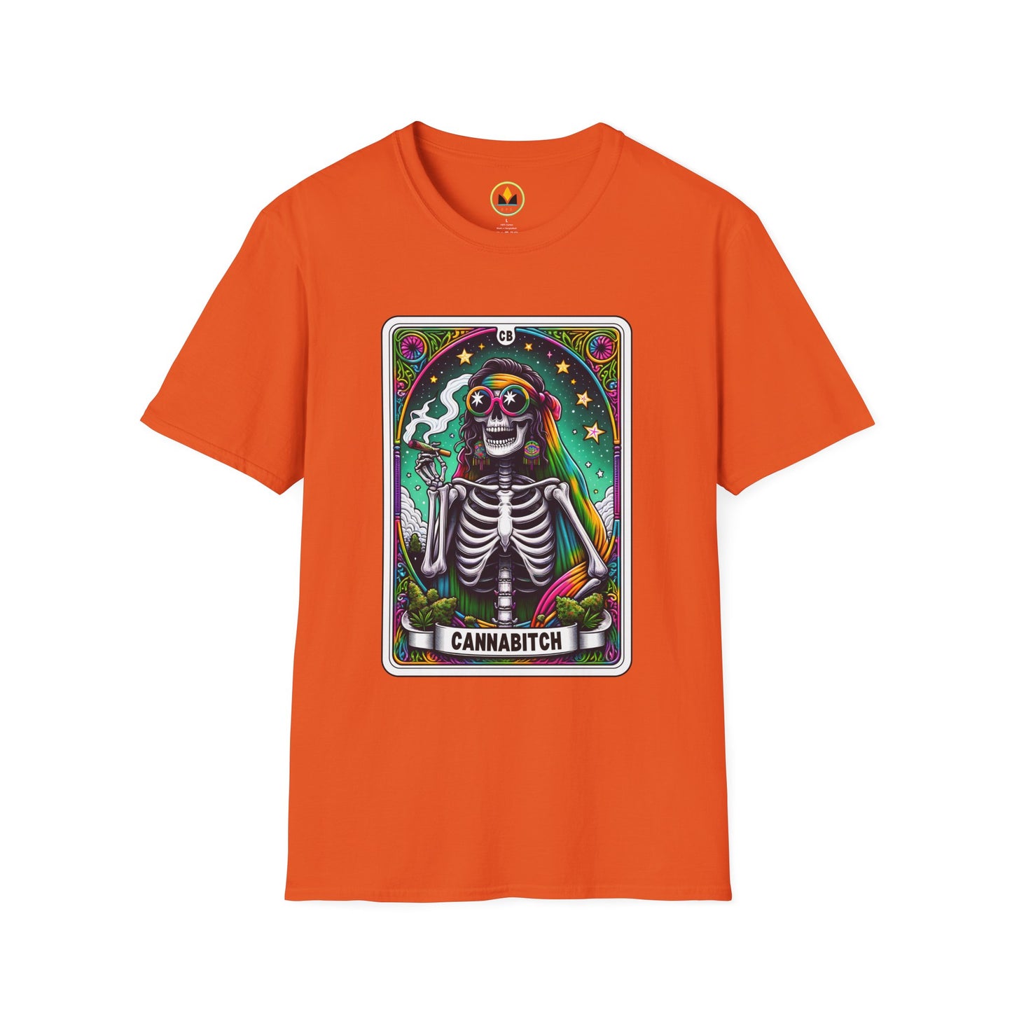 Psychedelic “Cannabitch” Tarot Skeleton T‑Shirt – Trippy Rainbow Weed Art for Stoner Queens