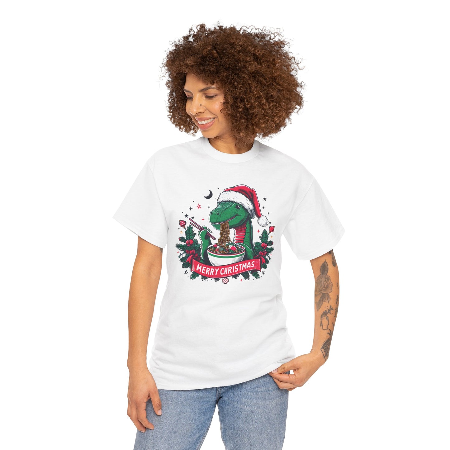 Festive Dinosaur Enjoying Ramen: A Merry Christmas Greetings Unisex Tee