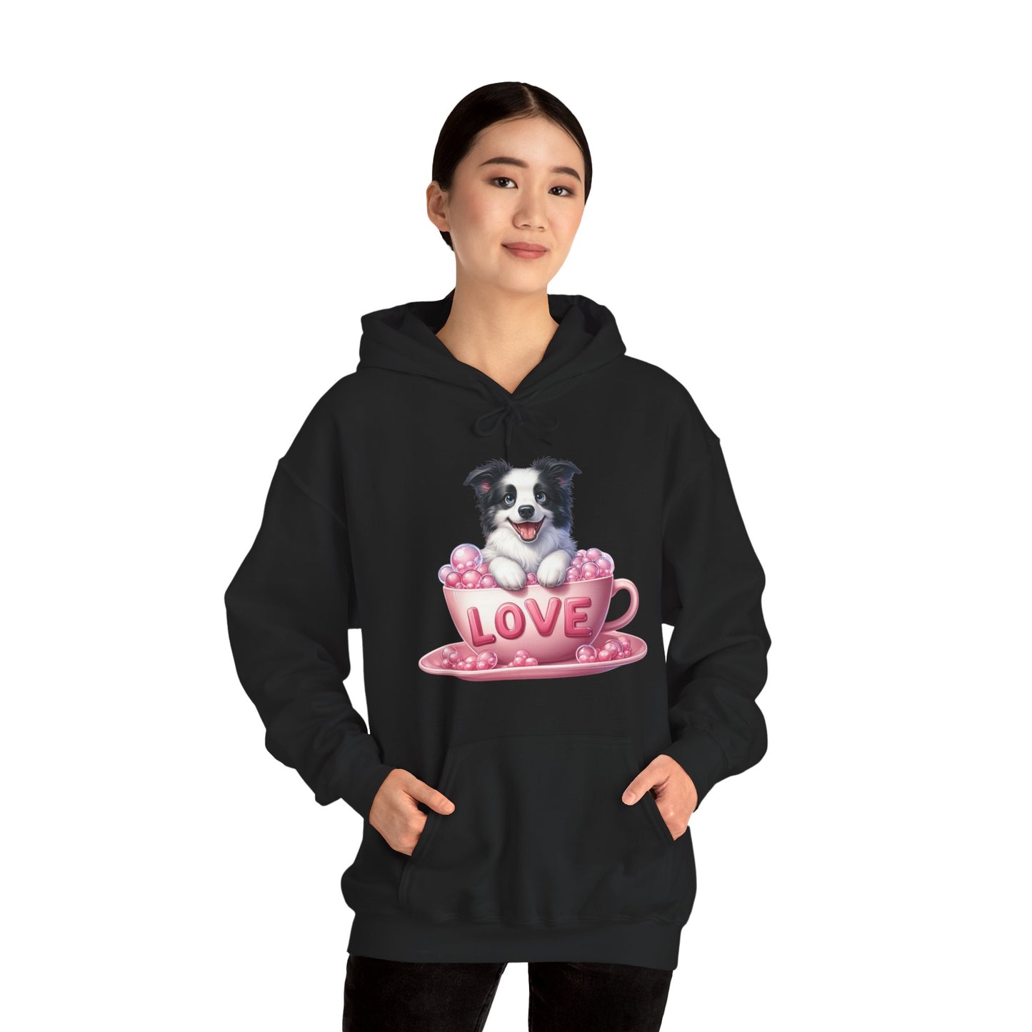 Viral Puppy Love Border Collie Hoodie - Cute Dog in Pink Cup Graphic Unisex Sweatshirt - Adorable Gift for Border Collie Lovers