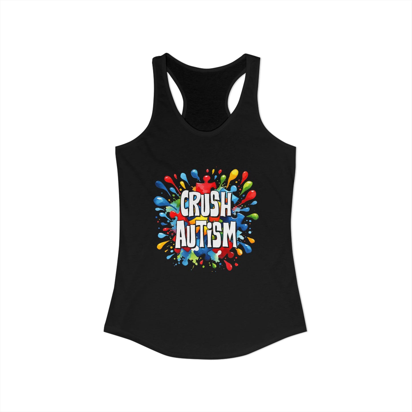 Crush Autism Barriers – Bold Rainbow Splatter Autism Awareness Racerback Tank