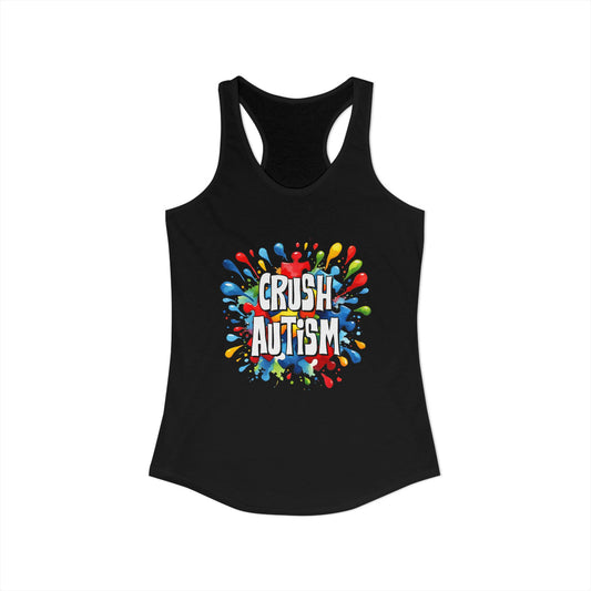Crush Autism Barriers – Bold Rainbow Splatter Autism Awareness Racerback Tank