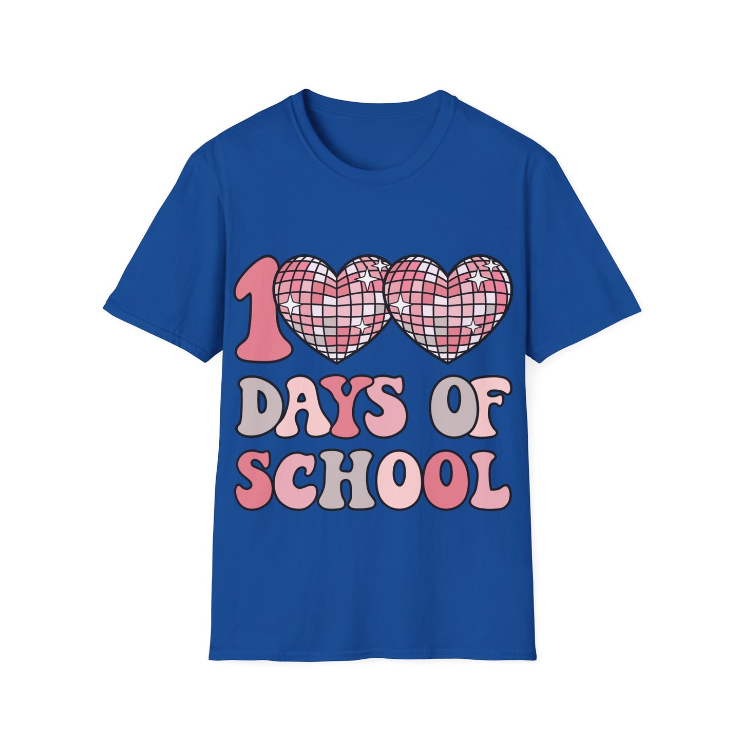 00 Days of School Shirt | Retro Pink Disco Hearts Tee | Vintage Bubble Letter Teacher & Student Top | Soft Ring-Spun Cotton Gift