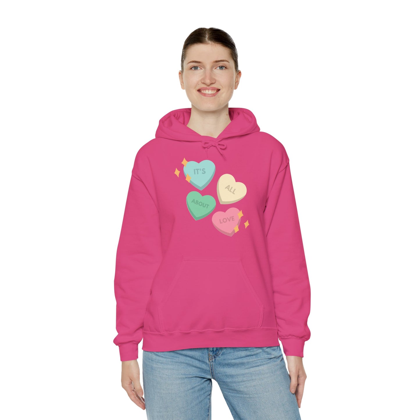 It's All About Love" Pastel Heart Hoodie | Retro Candy Style Sweatshirt | Aesthetic Love Graphic Pullover  Description: