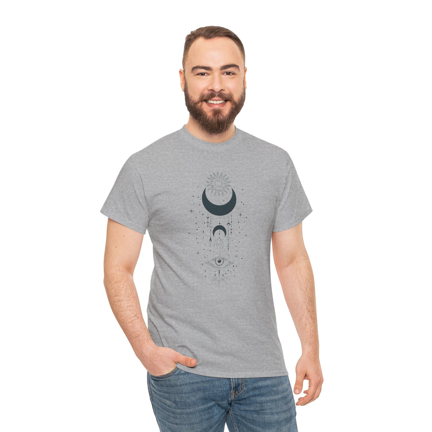 Celestial Moon & Sun Shirt | Boho Mystical Line Art Tee | Spiritual Astrology Gift | Heavy Cotton Unisex Top | Witchy Yoga T-Shirt