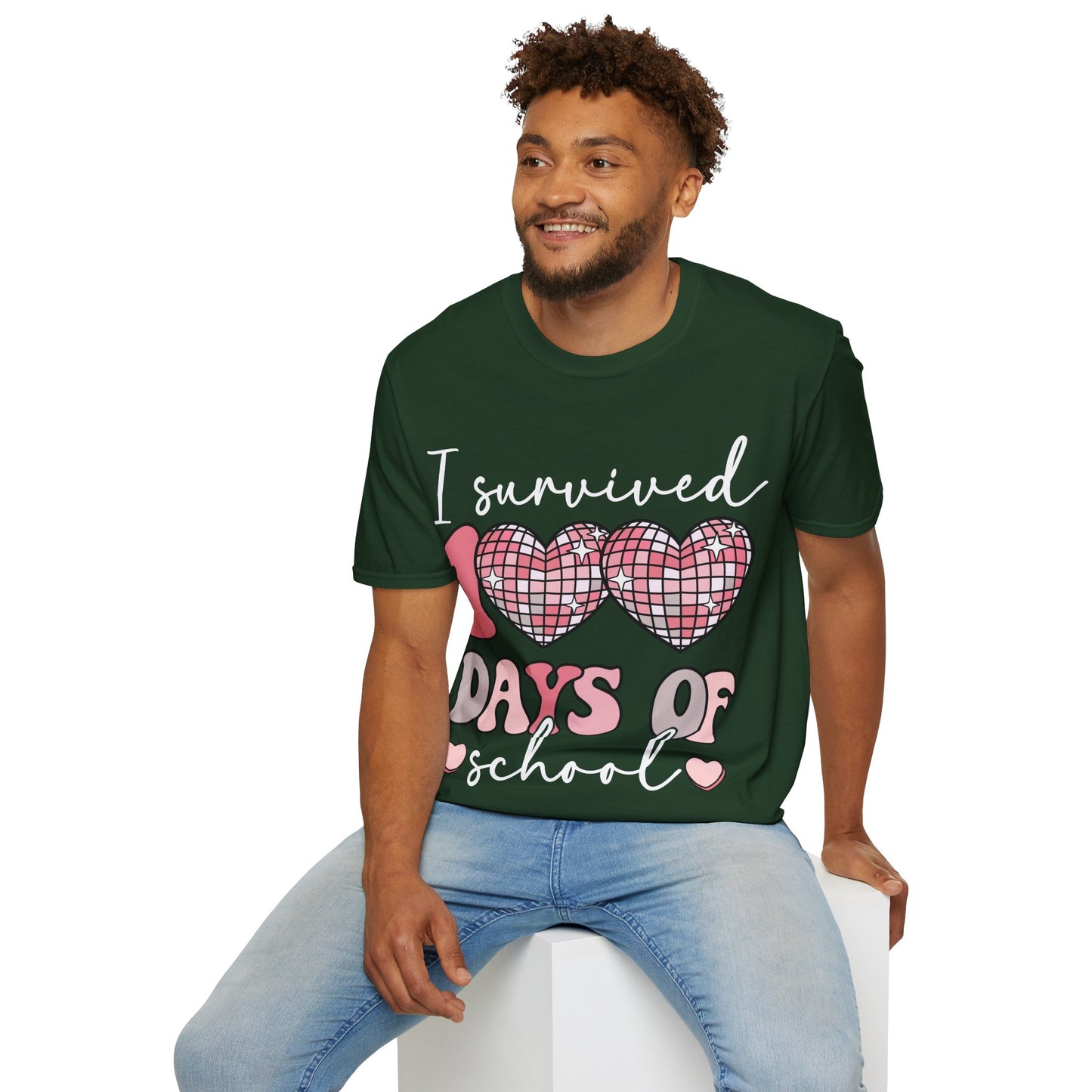 I Survived 100 Days of School Shirt | Funny Retro Disco Heart Black Tee | Groovy Teacher Student Humor Gift