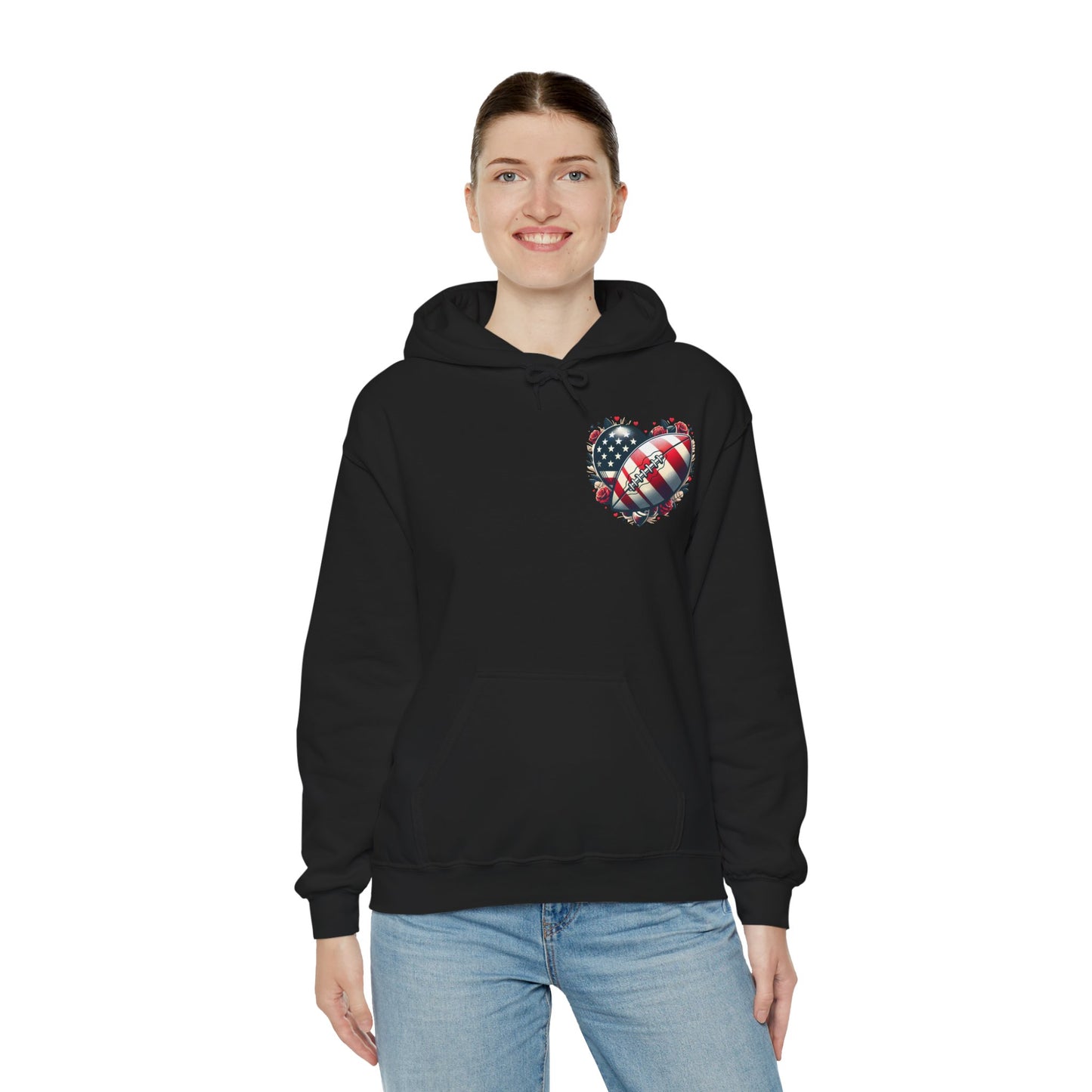 Touchdown Soul: Patriotic American Flag Football Heart Hoodie