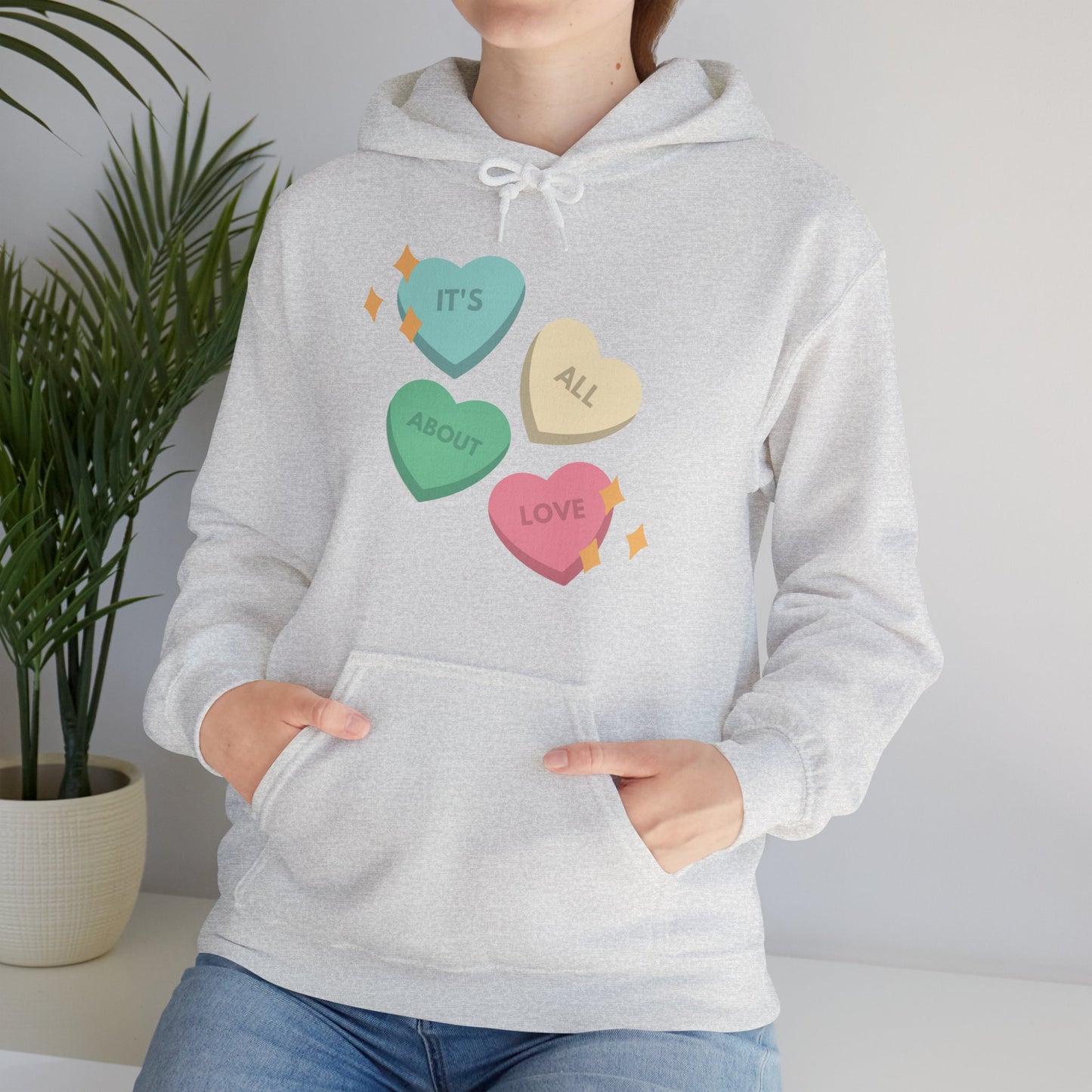 It's All About Love" Pastel Heart Hoodie | Retro Candy Style Sweatshirt | Aesthetic Love Graphic Pullover  Description: