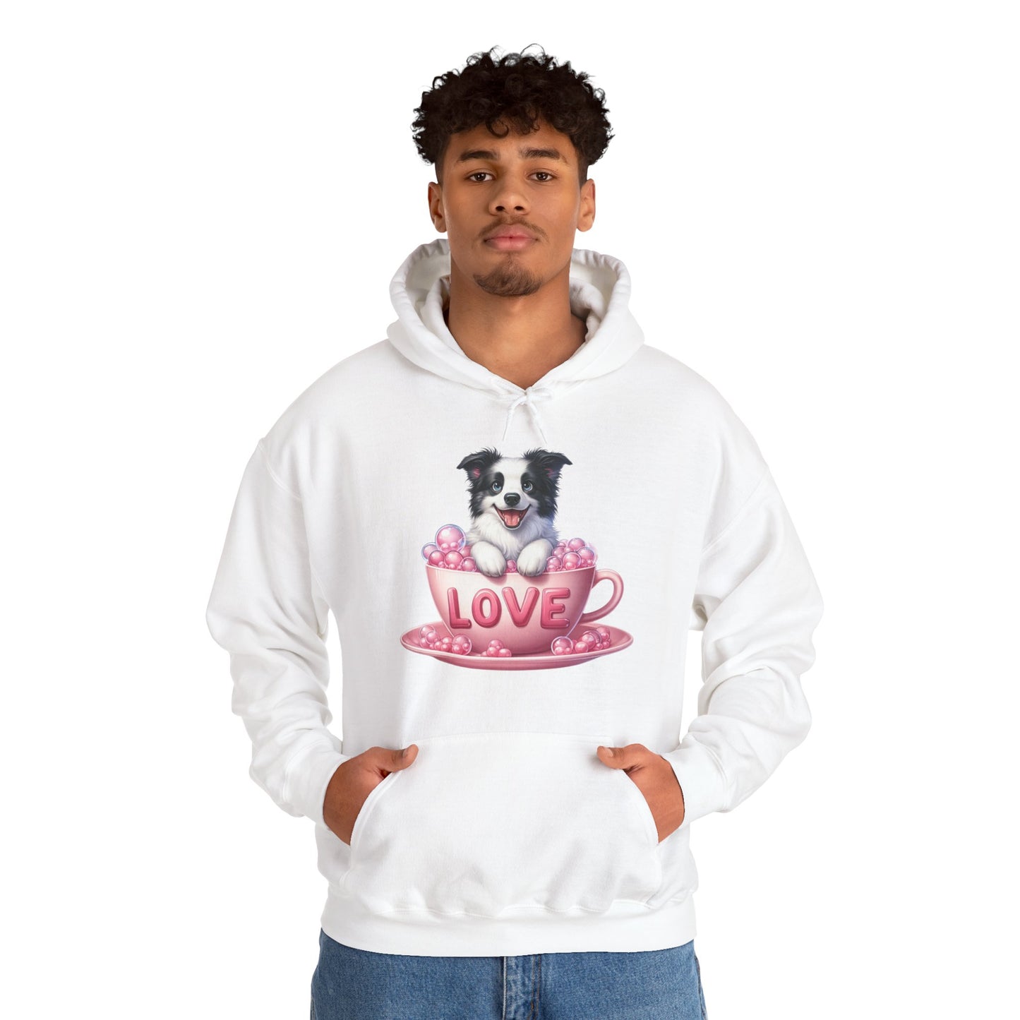 Viral Puppy Love Border Collie Hoodie - Cute Dog in Pink Cup Graphic Unisex Sweatshirt - Adorable Gift for Border Collie Lovers