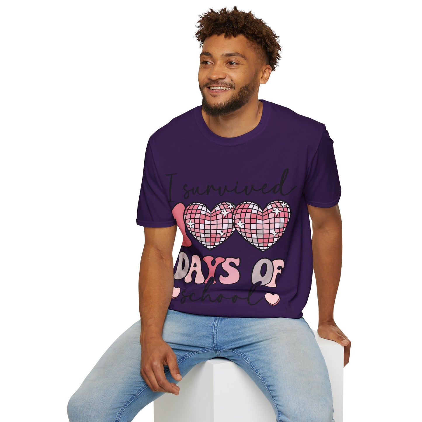 I Survived 100 Days of School Shirt | Funny Retro Disco Heart Tee | Pink 100th Day Teacher Gift | Humorous Student Outfit