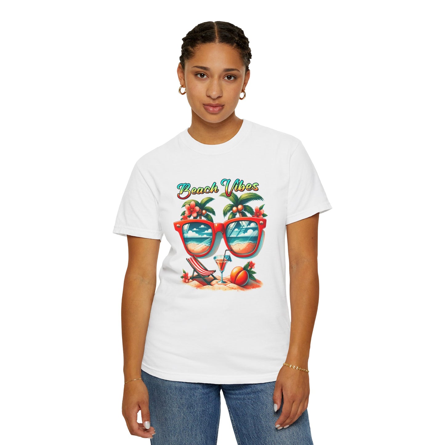 Beach Vibes Graphic Tee – Retro Sunglasses, Palm Trees & Sunset Summer Shirt