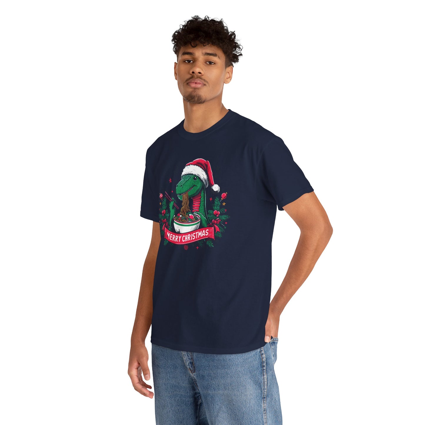 Festive Dinosaur Enjoying Ramen: A Merry Christmas Greetings Unisex Tee