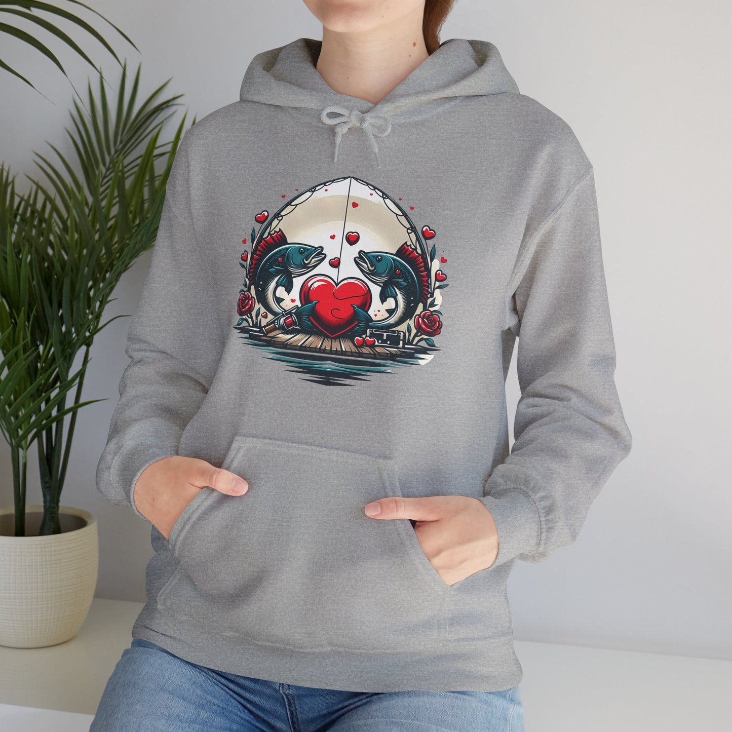 Unique Fish Love Heart Hoodie Unisex Fishing Themed Sweatshirt Graphic Hoodie With Rose Detail Romantic Angler Gift