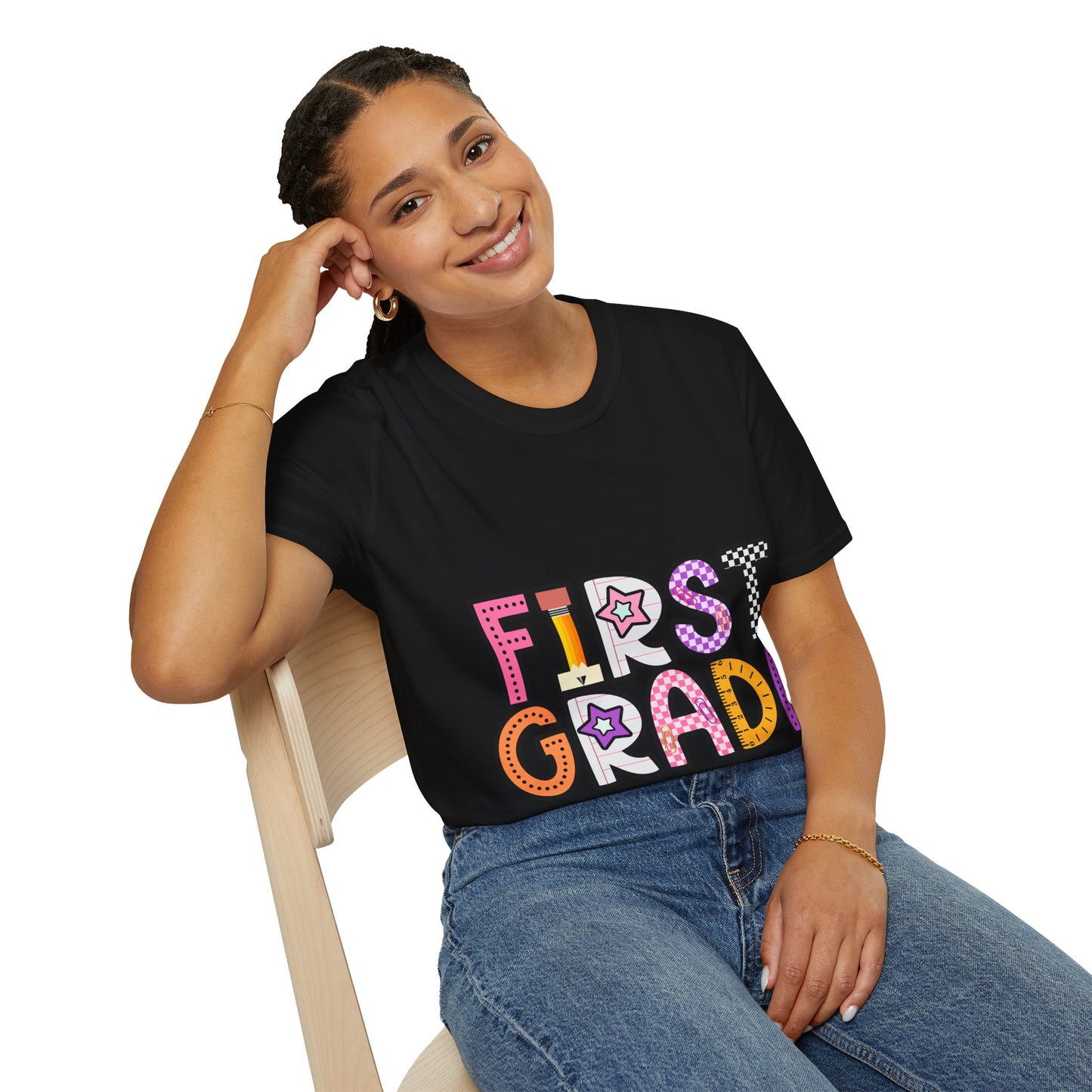 First Grade Shirt | Retro Groovy Teacher Team Tee | Colorful 1st Grade Back to School Outfit | Star Lightning Checkered Gift