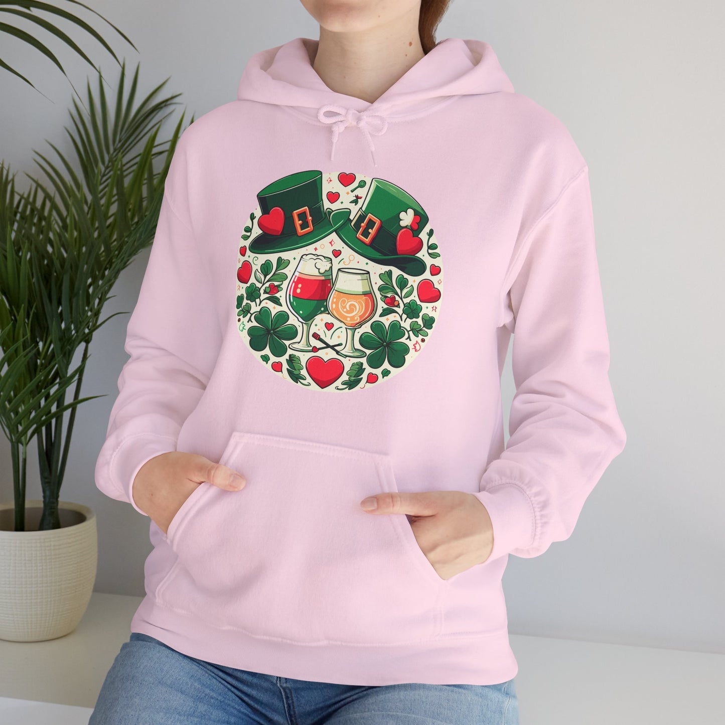 St. Patrick's Day Hoodie, Irish Celebration Beer Clover Heart Unisex Pullover