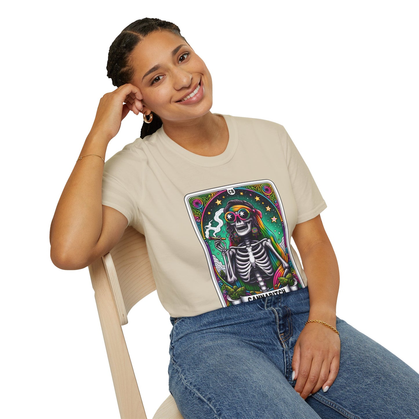 Psychedelic “Cannabitch” Tarot Skeleton T‑Shirt – Trippy Rainbow Weed Art for Stoner Queens
