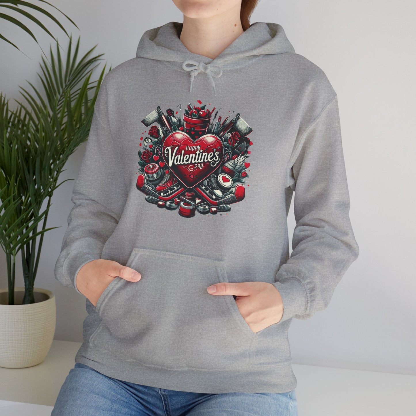 Valentine's Day Heart and Roses Hoodie, Romantic Couple Skatewear, Love ice hockey Themed Sweatshirt