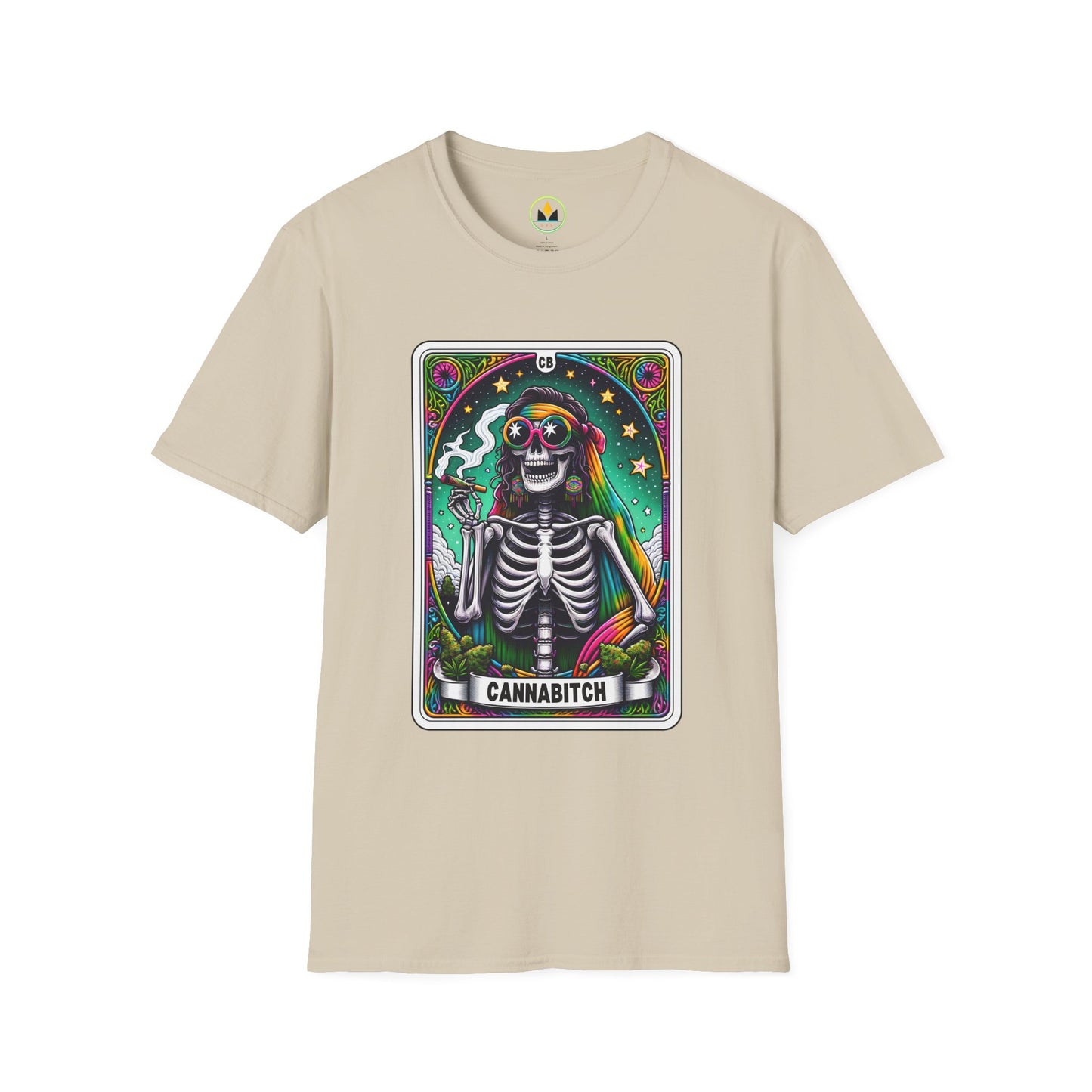 Psychedelic “Cannabitch” Tarot Skeleton T‑Shirt – Trippy Rainbow Weed Art for Stoner Queens